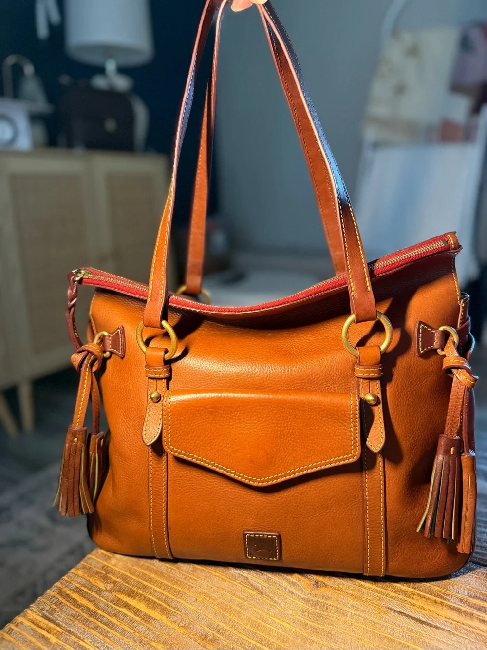 Dooney & Bourke Florentine Leather The Smith Satchel Bag , Tassels, Red Lining - Picture 3 of 15